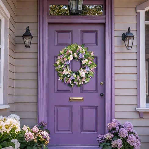 24 Inch Spring Summer Wreaths for Front Door, Purple Pink Hydrangea Wreath with Wildflowers Purple Forsythia, Artificial Silk Floral Wreath Farmhouse Rustic Decor for Outdoor Wall Window Home in Saudi Arabia