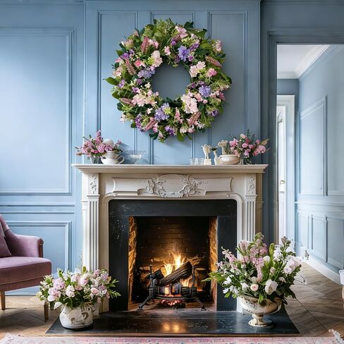 24 Inch Spring Summer Wreaths for Front Door, Purple Pink Hydrangea Wreath with Wildflowers Purple Forsythia, Artificial Silk Floral Wreath Farmhouse Rustic Decor for Outdoor Wall Window Home in Saudi Arabia