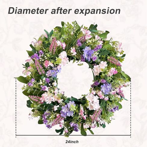 24 Inch Spring Summer Wreaths for Front Door, Purple Pink Hydrangea Wreath with Wildflowers Purple Forsythia, Artificial Silk Floral Wreath Farmhouse Rustic Decor for Outdoor Wall Window Home in Saudi Arabia