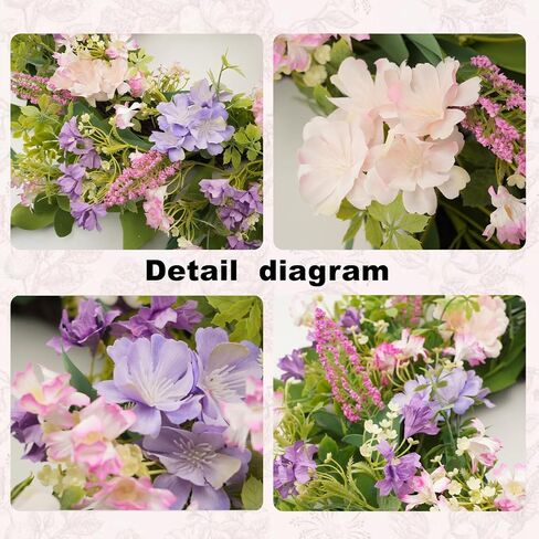 24 Inch Spring Summer Wreaths for Front Door, Purple Pink Hydrangea Wreath with Wildflowers Purple Forsythia, Artificial Silk Floral Wreath Farmhouse Rustic Decor for Outdoor Wall Window Home in Saudi Arabia
