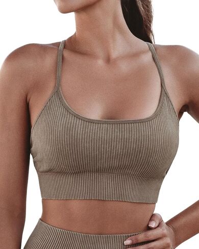 Women's Ribbed Sports Bra, U Neck Padded Crisscross Back, Low Impact Yoga Workout Top in Saudi Arabia