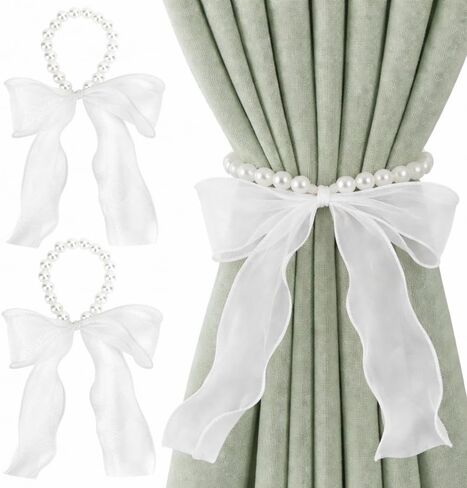 2 PCS Pearl Curtain Tiebacks, DIY Bow Curtain Tie Backs White Pearl Curtain Ties Set Decorative Curtains Holdbacks for Home Office Bedroom Living Room Wedding Party Decoration in Saudi Arabia