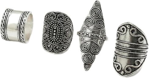Boho Rings for Women, Vintage Rings for Women, Western Rings, Silver Bohemian Jewelry Set, Four Piece Ring Collection, Retro Style Accessories for Daily Wear and Special Occasions in Saudi Arabia