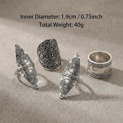 Boho Rings for Women, Vintage Rings for Women, Western Rings, Silver Bohemian Jewelry Set, Four Piece Ring Collection, Retro Style Accessories for Daily Wear and Special Occasions in Saudi Arabia