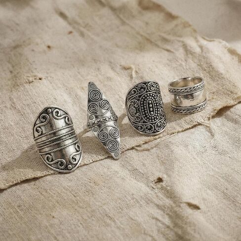Boho Rings for Women, Vintage Rings for Women, Western Rings, Silver Bohemian Jewelry Set, Four Piece Ring Collection, Retro Style Accessories for Daily Wear and Special Occasions in Saudi Arabia