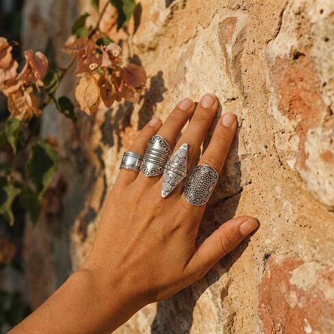 Boho Rings for Women, Vintage Rings for Women, Western Rings, Silver Bohemian Jewelry Set, Four Piece Ring Collection, Retro Style Accessories for Daily Wear and Special Occasions in Saudi Arabia