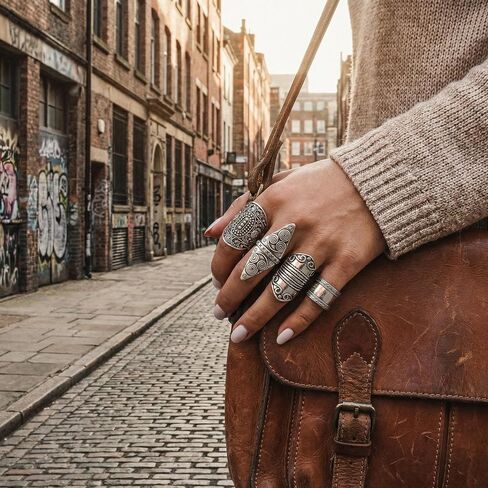Boho Rings for Women, Vintage Rings for Women, Western Rings, Silver Bohemian Jewelry Set, Four Piece Ring Collection, Retro Style Accessories for Daily Wear and Special Occasions in Saudi Arabia