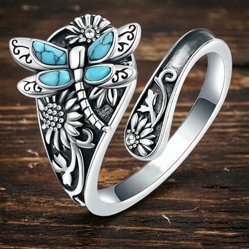 Women's Vintage Dragonfly Turquoise Stackable Ring,Silver Bohemian Adjustable Open Ring, Fashion Vintage Party Jewelry ，For Daily And Casual Wear, Gift For Women Wife Mom Her in Kuwait