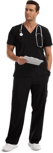 طقم سكرابز للرجال، توب سكرب برقبة على شكل حرف V وبنطلون بأرجل مستقيمة مع 9 جيوب وقماش مطاطي في 4 اتجاهات in Kuwait