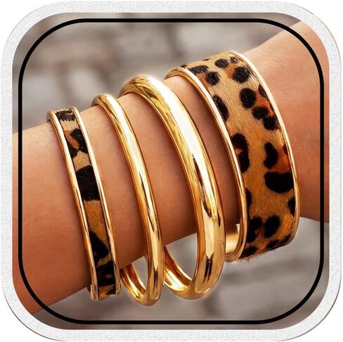 GORTIN Leopard Print Bangle Bracelets for Women Gold Chunky Cuff Bracelet Set Punk Trendy Open Cheetah Bracelets in Kuwait