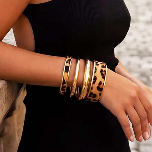 GORTIN Leopard Print Bangle Bracelets for Women Gold Chunky Cuff Bracelet Set Punk Trendy Open Cheetah Bracelets in Kuwait