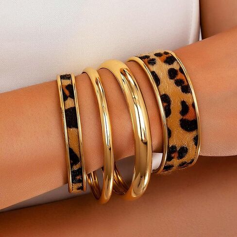 GORTIN Leopard Print Bangle Bracelets for Women Gold Chunky Cuff Bracelet Set Punk Trendy Open Cheetah Bracelets in Kuwait