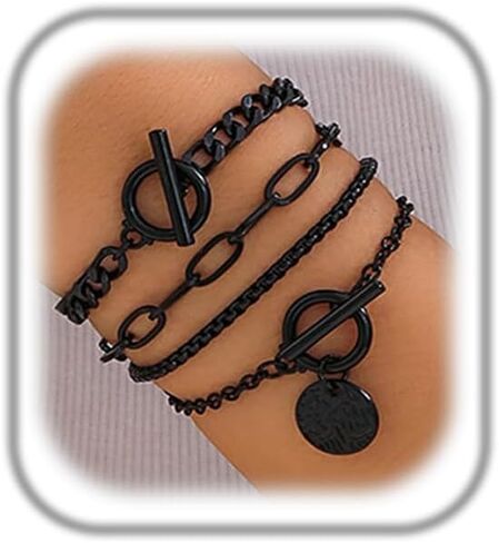 4Pcs Stackable Paperclip Bracelets Set for Women, Gothic Black Coin Bangles Double OT Clasp Toggle Bracelets Vintage Cuba Chain Hand in Saudi Arabia