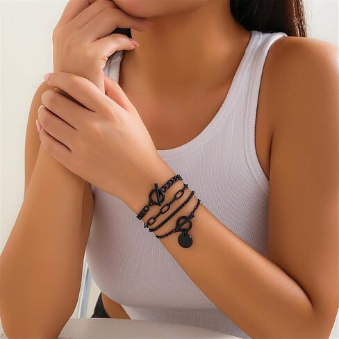 4Pcs Stackable Paperclip Bracelets Set for Women, Gothic Black Coin Bangles Double OT Clasp Toggle Bracelets Vintage Cuba Chain Hand in Saudi Arabia