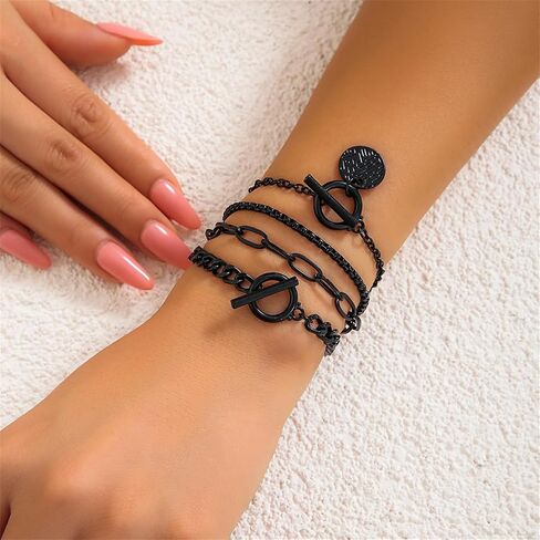 4Pcs Stackable Paperclip Bracelets Set for Women, Gothic Black Coin Bangles Double OT Clasp Toggle Bracelets Vintage Cuba Chain Hand in Saudi Arabia