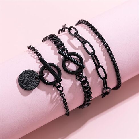4Pcs Stackable Paperclip Bracelets Set for Women, Gothic Black Coin Bangles Double OT Clasp Toggle Bracelets Vintage Cuba Chain Hand in Saudi Arabia