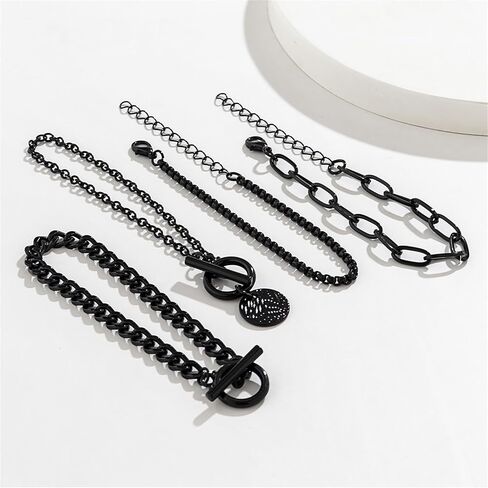 4Pcs Stackable Paperclip Bracelets Set for Women, Gothic Black Coin Bangles Double OT Clasp Toggle Bracelets Vintage Cuba Chain Hand in Saudi Arabia
