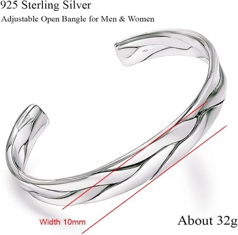 سوار من الفضة الإسترليني عيار 925، نسيج مموج 8 مم - 10 مم للأزواج، سوار مفتوح قابل للتعديل للرجال والنساء in Kuwait