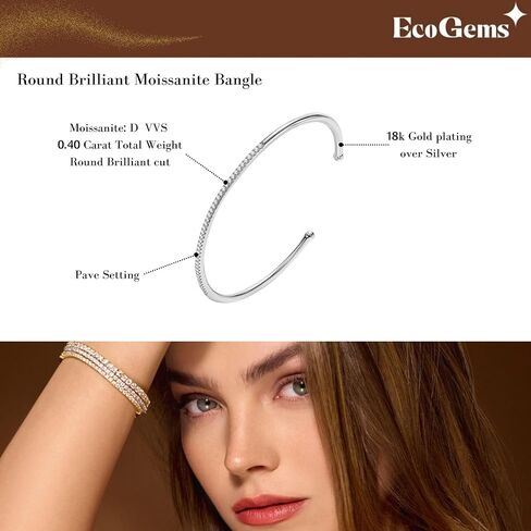 14K White Gold Plated Silver Bangle Bracelet With 0.40 TCW Moissanite (D-E Color, Round Brilliant Shape, VS Clarity) Bracelet For Women, Gift For Her Jewelry For Women Comes With Gift Box in Saudi Arabia