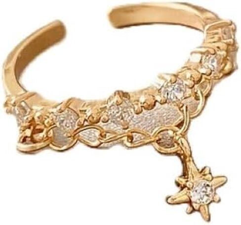 Gold Adjustable Double Layer Chain Ring with Zirconia Stones, Star Charm Pendant - Open Design Stackable Ring for Women in Saudi Arabia
