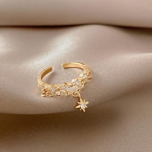Gold Adjustable Double Layer Chain Ring with Zirconia Stones, Star Charm Pendant - Open Design Stackable Ring for Women in Saudi Arabia