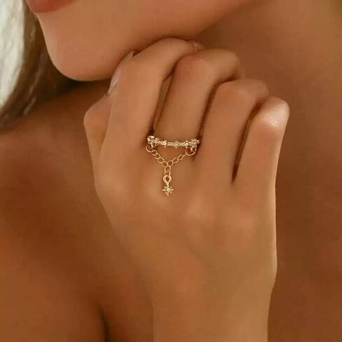 Gold Adjustable Double Layer Chain Ring with Zirconia Stones, Star Charm Pendant - Open Design Stackable Ring for Women in Saudi Arabia