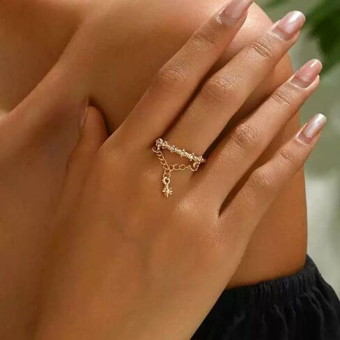 Gold Adjustable Double Layer Chain Ring with Zirconia Stones, Star Charm Pendant - Open Design Stackable Ring for Women in Saudi Arabia