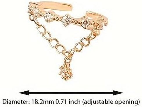 Gold Adjustable Double Layer Chain Ring with Zirconia Stones, Star Charm Pendant - Open Design Stackable Ring for Women in Saudi Arabia