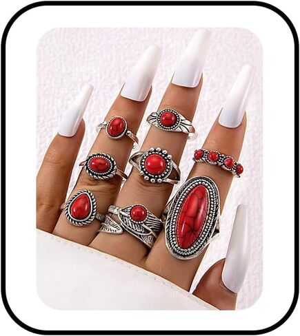 8Pcs Western Turquoise Ring Set Oval Turquoise Stackable Rings Set Vintage Knuckle Rings Country Concert Outfits Cowgirl Boho Jewelry for Women in Saudi Arabia