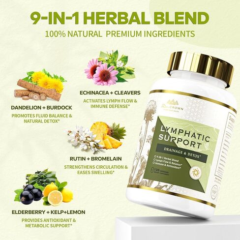 Lymphatic Drainage Supplement, Natural Herbal Blend with Echinacea, Dandelion, Burdock & Cleavers – Supports Lymphatic System, Fluid Balance and Immune Health | Non-GMO | Gluten-Free - 120 Capsules in Saudi Arabia