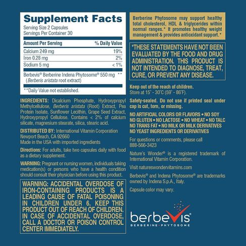 Nature's Wonder Berberine Phytosome 550 mg per 2 Capsules Daily 4X Bioavailable Berberine Supplement for Heart Health and Metabolic Health 60 Capsules, 30 Day Supply in Saudi Arabia