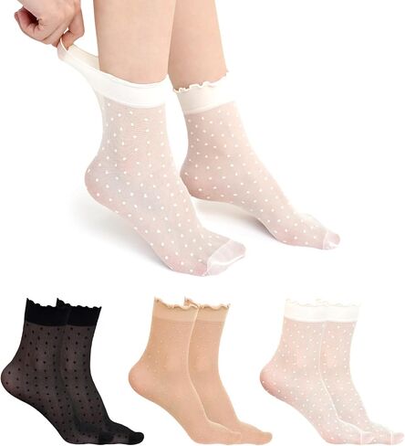 Artfasion Sheer Ruffle Socks Women: Polka Dot Ankle Silk Lightweight Summer Dress Socks for Heels Loafers 12 Pairs 5-9 in Saudi Arabia