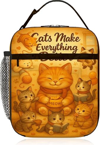 Kids Insulated Cat Lunch Bag, Cute Kitten Lunch Tote for School & Daycare, Wipeable Polyester with PEVA Liner, Leak-Resistant, Front Zipper Pocket & Side Mesh Bottle Holder, 8 x 4 x 10 in in Saudi Arabia