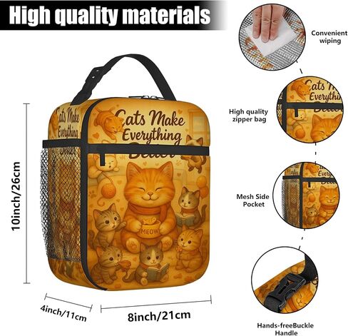 Kids Insulated Cat Lunch Bag, Cute Kitten Lunch Tote for School & Daycare, Wipeable Polyester with PEVA Liner, Leak-Resistant, Front Zipper Pocket & Side Mesh Bottle Holder, 8 x 4 x 10 in in Saudi Arabia