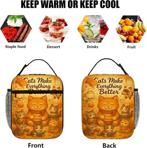 Kids Insulated Cat Lunch Bag, Cute Kitten Lunch Tote for School & Daycare, Wipeable Polyester with PEVA Liner, Leak-Resistant, Front Zipper Pocket & Side Mesh Bottle Holder, 8 x 4 x 10 in in Saudi Arabia