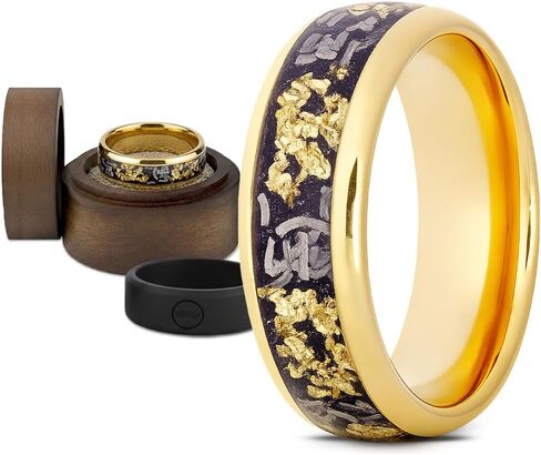Gentlemen's Bands Tungsten Meteorite Wedding Ring for Men | Gold & Black 6mm Smooth Inner Fit with Gold Flakes Inlay | Includes Silicone Band, Walnut Box and Pouch | Engagement Promise Ring in Saudi Arabia