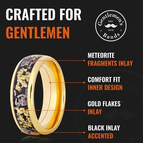 Gentlemen's Bands Tungsten Meteorite Wedding Ring for Men | Gold & Black 6mm Smooth Inner Fit with Gold Flakes Inlay | Includes Silicone Band, Walnut Box and Pouch | Engagement Promise Ring in Saudi Arabia