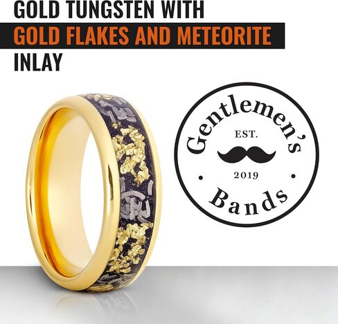 Gentlemen's Bands Tungsten Meteorite Wedding Ring for Men | Gold & Black 6mm Smooth Inner Fit with Gold Flakes Inlay | Includes Silicone Band, Walnut Box and Pouch | Engagement Promise Ring in Saudi Arabia