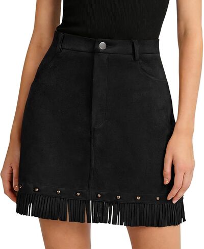 Women's Western Cowgirl Fringe Skirt, Faux Suede High-Waisted Skirt, for Country Music Festivals, Rodeos and Carnivals in Saudi Arabia