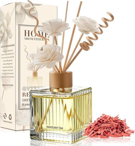 Mahogany Teak Reed Diffuser - 6.7 oz Glass Bottle with 4 Rattan Sticks, 3 Dried Flowers | Adjustable, Long-Lasting Scent for Home, Bedroom, Living Room, Office, Bathroom | Aromatherapy Gift in Saudi Arabia