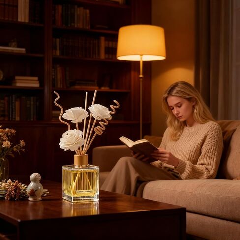 Mahogany Teak Reed Diffuser - 6.7 oz Glass Bottle with 4 Rattan Sticks, 3 Dried Flowers | Adjustable, Long-Lasting Scent for Home, Bedroom, Living Room, Office, Bathroom | Aromatherapy Gift in Saudi Arabia