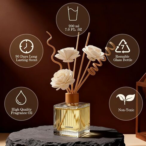 Mahogany Teak Reed Diffuser - 6.7 oz Glass Bottle with 4 Rattan Sticks, 3 Dried Flowers | Adjustable, Long-Lasting Scent for Home, Bedroom, Living Room, Office, Bathroom | Aromatherapy Gift in Saudi Arabia