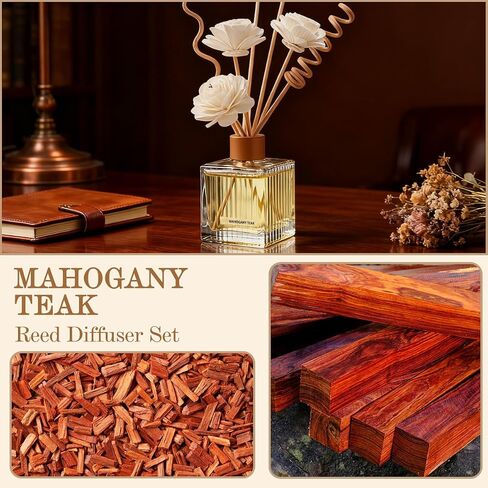Mahogany Teak Reed Diffuser - 6.7 oz Glass Bottle with 4 Rattan Sticks, 3 Dried Flowers | Adjustable, Long-Lasting Scent for Home, Bedroom, Living Room, Office, Bathroom | Aromatherapy Gift in Saudi Arabia