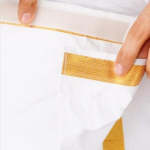 Kolakeer® Men's Easy-To-Wear Welcro 100K Zari Border Cotton Dhoti with Pocket - Double Layer Dhoti with Adjustable Waist Size (Gold Zari, Cream) in Saudi Arabia