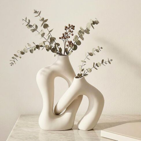 Dowan White Vases for Decor,Hollow Ceramic Vase Set of 2,7.6" Nordic Modern Boho ins Style Decorative Ceramic Aesthetic Flower Vase for Home Decor Modern Minimalist Table, Entryway Centerpieces in Saudi Arabia