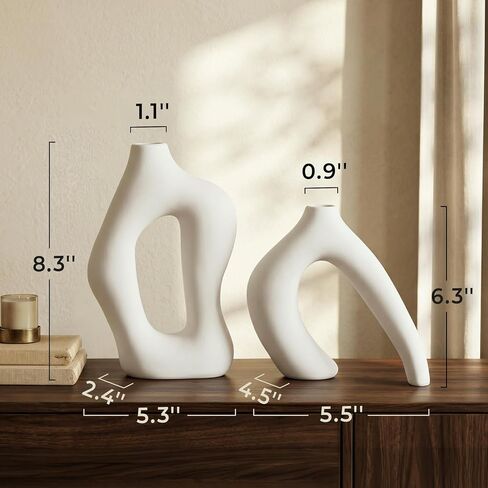 Dowan White Vases for Decor,Hollow Ceramic Vase Set of 2,7.6" Nordic Modern Boho ins Style Decorative Ceramic Aesthetic Flower Vase for Home Decor Modern Minimalist Table, Entryway Centerpieces in Saudi Arabia