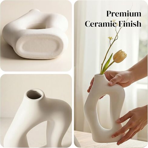 Dowan White Vases for Decor,Hollow Ceramic Vase Set of 2,7.6" Nordic Modern Boho ins Style Decorative Ceramic Aesthetic Flower Vase for Home Decor Modern Minimalist Table, Entryway Centerpieces in Saudi Arabia