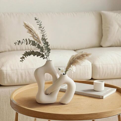 Dowan White Vases for Decor,Hollow Ceramic Vase Set of 2,7.6" Nordic Modern Boho ins Style Decorative Ceramic Aesthetic Flower Vase for Home Decor Modern Minimalist Table, Entryway Centerpieces in Saudi Arabia