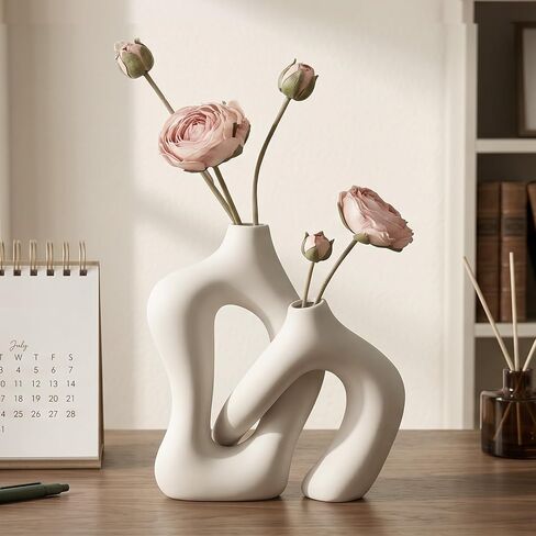 Dowan White Vases for Decor,Hollow Ceramic Vase Set of 2,7.6" Nordic Modern Boho ins Style Decorative Ceramic Aesthetic Flower Vase for Home Decor Modern Minimalist Table, Entryway Centerpieces in Saudi Arabia