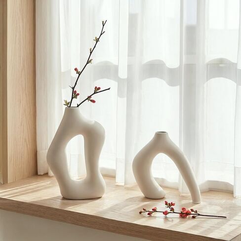 Dowan White Vases for Decor,Hollow Ceramic Vase Set of 2,7.6" Nordic Modern Boho ins Style Decorative Ceramic Aesthetic Flower Vase for Home Decor Modern Minimalist Table, Entryway Centerpieces in Saudi Arabia